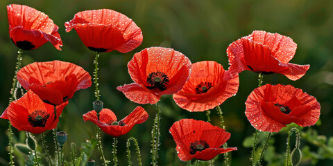Obraz premium Vibrant Red Poppies with Dew Drops in Morning Sunlight in a Spring Meadow