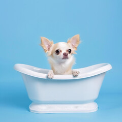 Dog in a White Bathtub Against Blue Background. Pet Grooming Concept Image