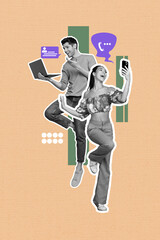 Fototapeta premium Composite sketch image artwork collage of beige color backdrop silhouette young couple man woman online date chat stand type phone laptop