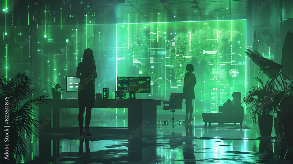Poster environmental scientists creating impact assessment reports with holographic data