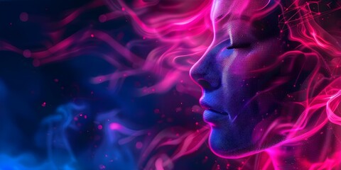 Digital pixelated human face against glowing data streams background vibrant and modern. Concept Digital Art, Pixelated Portrait, Glowing Data Streams, Vibrant Colors, Modern Aesthetic