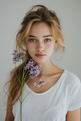 A young blonde woman holds a sprig of lilac flowers, invoking a sense of freshness and natural beauty