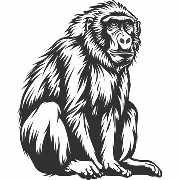 recommend clip art: Detailed black and white illustration of a baboon sitting and looking forward.