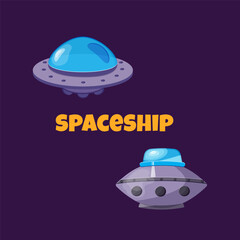 Alien space ships, cartoon, and rockets. Game engines graphic design elements, funny cosmic spaceships, Isolated vector illustration.