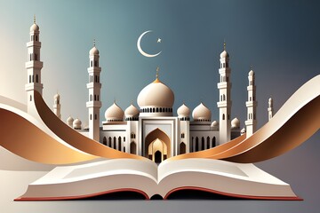 creative Islamic holiday story banner template. Mini mosque and dessert scenery displayed on an open book. Monotone design. Translation: Eid Mubarak