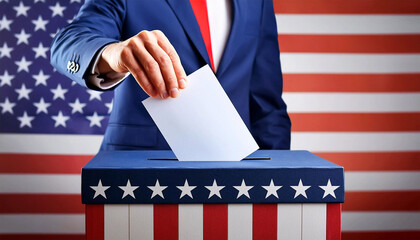 Close-up of a male hand inserting a white ballot to United States of America ballot box with American flag colors and stars. United States of America elections concept. Generative Ai.