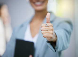 Office, woman and thumbs up for achievement or agreement with business deal, promote success and...