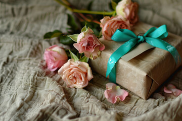 Beautifully Wrapped Gift with Pink Roses on Soft Fabric Background