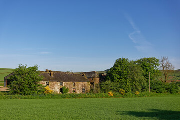 The ruins of a traditional Scottish Farmhouse and Farm Buildings, stone built and under a slate roof near the small community of Glen Ogil.