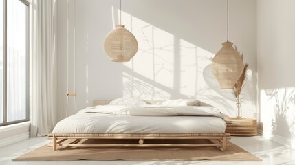 Serene bedroom interior with natural lighting, Cozy modern bedroom with elegant rattan lamps casting gentle shadows in a peaceful setting