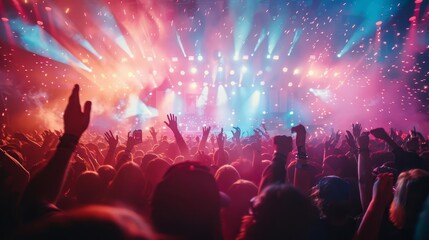 Outdoor concert stage, crowd dancing, energetic and fun