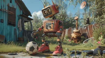 A small orange robot stands ready with a soccer ball in a lush backyard, representing themes of technology integration in sports and leisure.