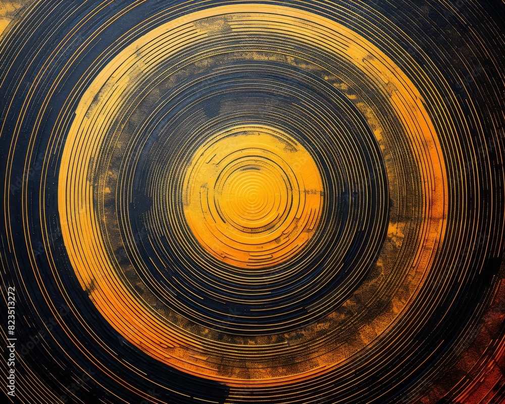 Poster abstract circular artwork concentric gold black patterns, creating dynamic visually striking design.