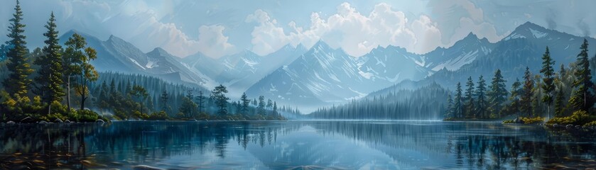 Scenic mountain lake, summer reflections, serene and detailed