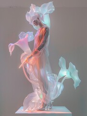 A person adorned in reflective, translucent fabric posing in an illuminated, artistic setting