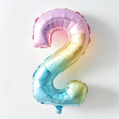 birthday helium balloon shape of number 2 rainbow colours on clean pastel background