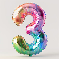birthday helium balloon shape of number 3 rainbow colours on clean pastel background