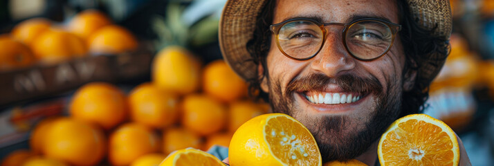 Happy Man Holding Fresh Oranges with a Bright Smile at a Fruit Market