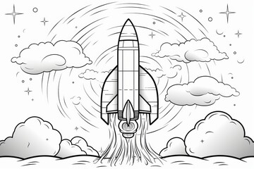 Naklejka premium Black and white illustration of a rocket ship launching into space with stars, clouds, and swirling background lines.