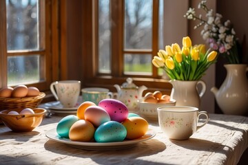 Painted Easter eggs displayed on a plate placed on a table