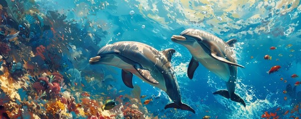 Swimming with dolphins, tropical waters, adventurous and vibrant