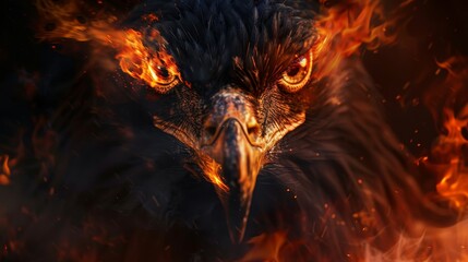 A powerful and fiery eagle with intense glowing eyes emerges from the flames, symbolizing strength and resilience in a dramatic scene.