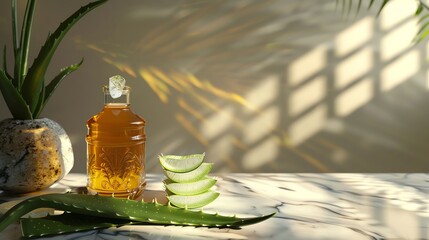 A bottle of aloe vera juice with fresh aloe vera leaves on a marble surface, bathed in natural sunlight and surrounded by plants.