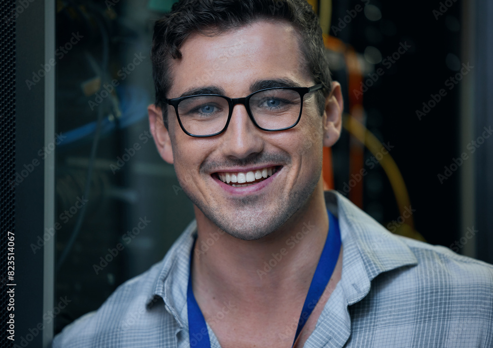 Poster Portrait, smile and support with computer engineer in server room for infrastructure or mainframe maintenance. Cybersecurity, data base and network with face of happy IT professional in datacenter