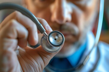 Close-up of a doctor holding a stethoscope, focusing on the medical equipment. Perfect for healthcare, medical, and professional photos.