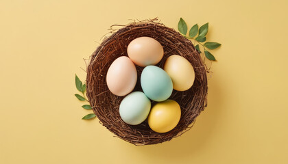A birds nest showcasing various colored eggs against a vibrant yellow backdrop