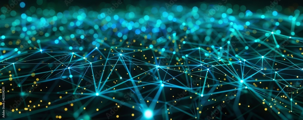 Poster abstract background featuring a network of glowing blue lines and nodes, representing connectivity, 