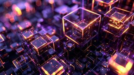 Fototapeta premium Abstract 3D rendering of glowing cubes with neon colors on a dark background, representing futuristic technology and digital concepts.