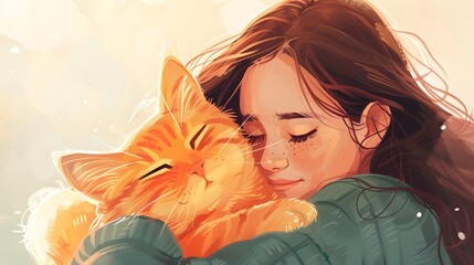 Warm Friendship: Illustration Featuring Woman Holding Her Cute Cat