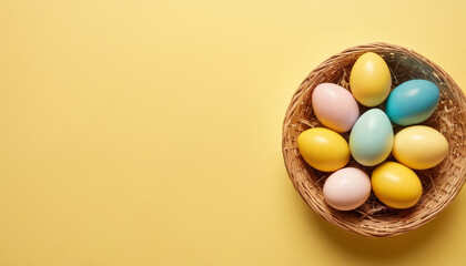 A basket holding vibrant eggs placed on a bright yellow wall