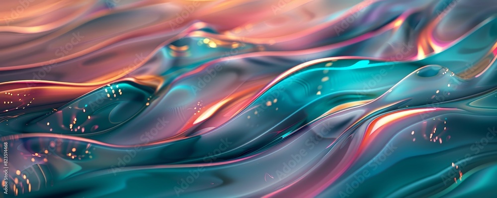 Poster abstract colorful waves of liquid surface with smooth, fluid curves and shimmering highlights creati