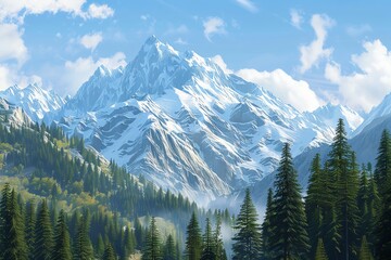Snow-capped mountains under a blue sky with pine trees in the foreground, creating a serene and majestic landscape.