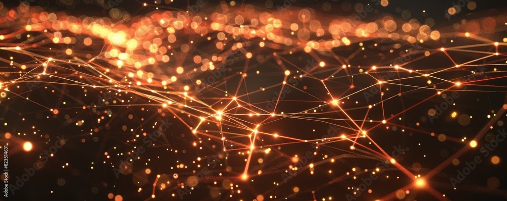 Poster abstract digital network background featuring orange glowing nodes and connections, representing tec