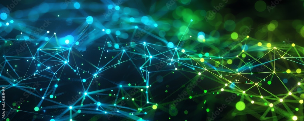 Poster abstract digital network, futuristic technology background with blue and green connections, represen