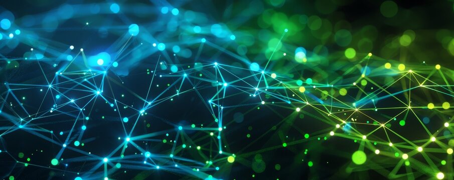 Abstract digital network, futuristic technology background with blue and green connections, representing data and communication flow.