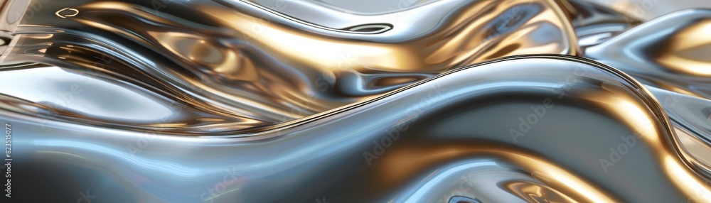 Poster abstract metallic surface with fluid, wavy patterns and golden reflections, creating a mesmerizing a