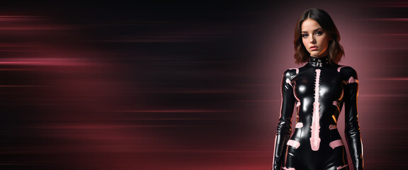 Naklejka premium Beautiful young woman in latex BDSM costume. Dominance concept for sex shop. Female domination in sex. Powerful dominatrix in black costume on copy space background. BDSM party image in pink colors.