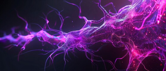 Obraz premium Violet color digital hologram futuristic brain neuron link on a neuron connection, Artificial intelligence concept, isolated on black background