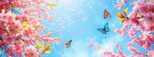 Butterflies flying in flower field with sunlight