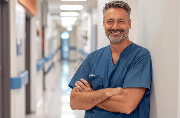 A portrait of a happy doctor in scrubs standing with his arms crossed, smiling at the camera