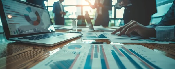 Business team analyzing financial reports and data visualization on a laptop during a meeting in a modern office setting.