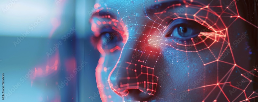 Poster close-up image of a person's face with digital light patterns overlay, representing technology, virt