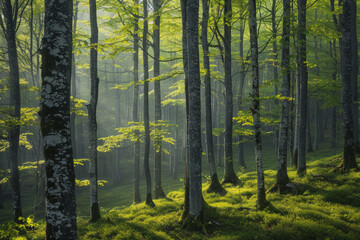 Obraz premium Green forest with beech trees, during spring time, with sun light and shadows, in a morning misty atmosphere.