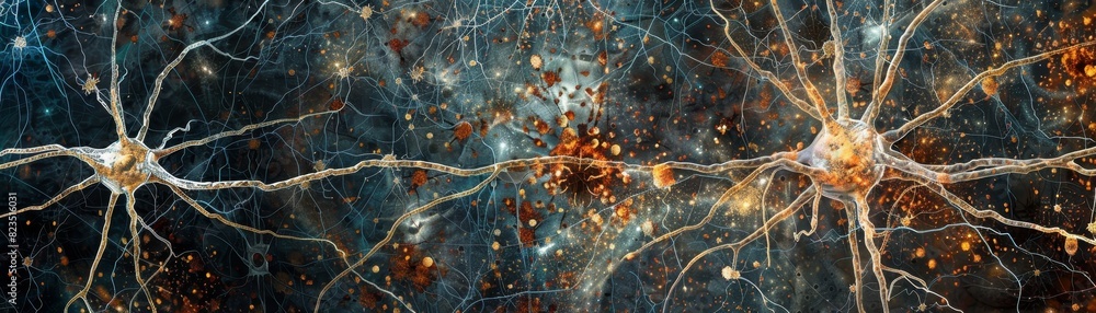 Poster close-up image of neural network cells showcasing intricate connections and complex communication pa