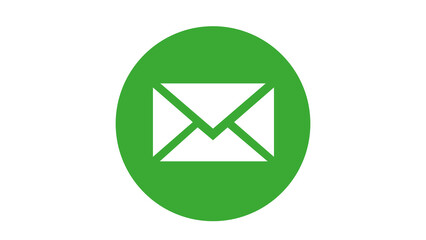 A bright green circle prominently featuring a white envelope icon clearly indicates contact or messaging options on white background.