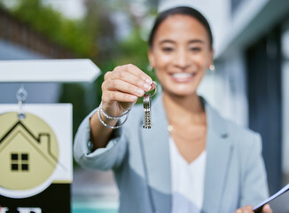 Real estate, woman and portrait with keys outdoor for property transaction, ownership and apartment...
